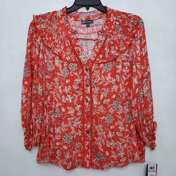 Democracy Poppy Red Multi Print 3/4 Sleeve Button Down Women's Top Size 2X - Picture 4 of 16